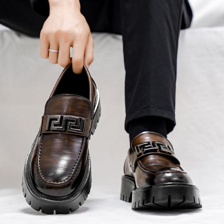 皮鞋男夏季懒人一脚蹬乐福鞋百搭休闲韩版厚底内增高新郎结婚鞋子