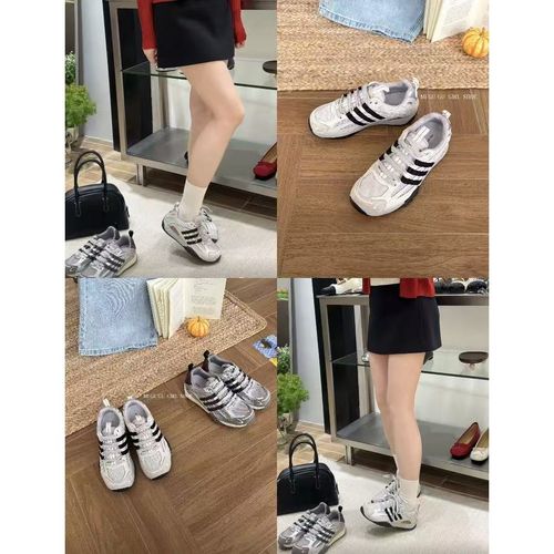 L-9898#好穿显脚小！复古百搭经典条纹拼色网面德训鞋（真皮）主图