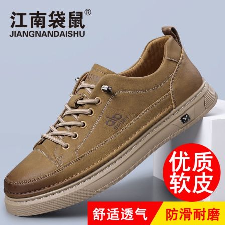 江南袋鼠春季爆款新款男士透气牛皮休闲皮鞋防滑软底潮流百搭板鞋