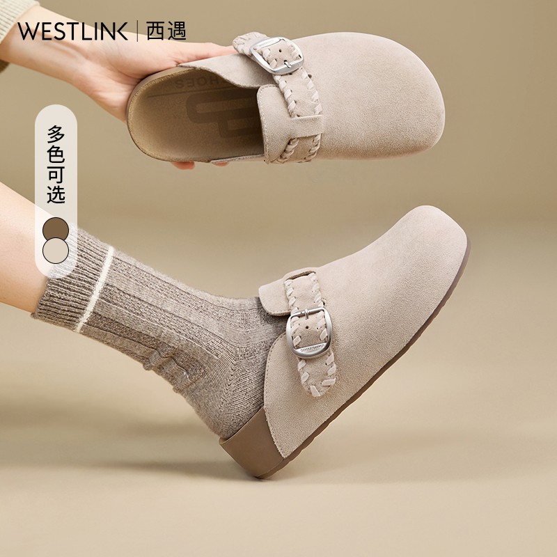 西遇复古厚底勃肯鞋半拖女2026春季新款包头拖鞋编织民俗风休闲鞋主图