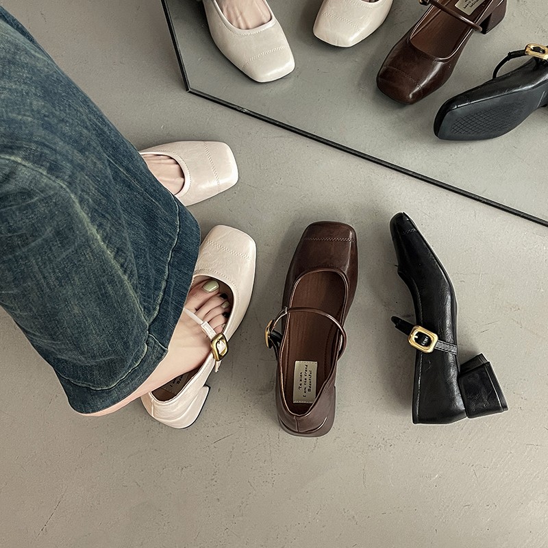 FCS法式复古玛丽珍鞋女浅口方头粗中跟配裙子浅口单鞋k371094主图