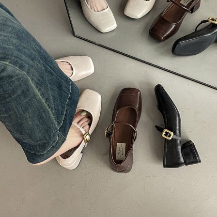 FCS法式复古玛丽珍鞋女浅口方头粗中跟配裙子浅口单鞋k371094