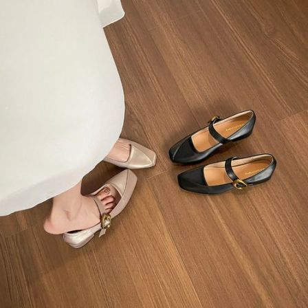 羊皮版~丝绸方头单鞋女浅口中粗跟法式玛丽珍气质通勤鞋百搭女鞋