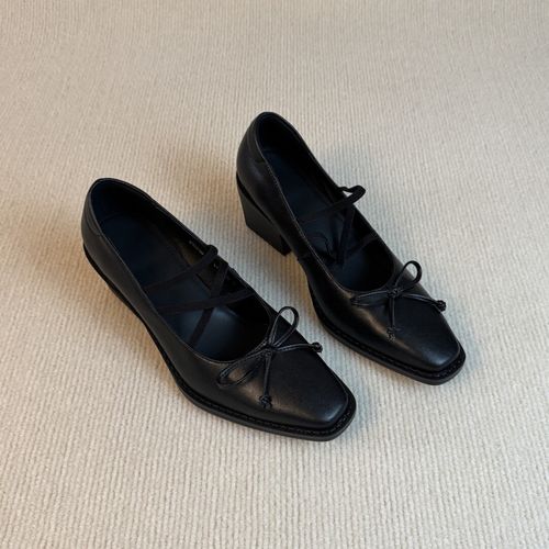 羊皮版~粗跟蝴蝶结方头芭蕾舞鞋交叉带玛丽珍鞋通勤浅口单鞋复古主图