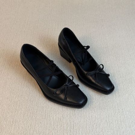 羊皮版~粗跟蝴蝶结方头芭蕾舞鞋交叉带玛丽珍鞋通勤浅口单鞋复古