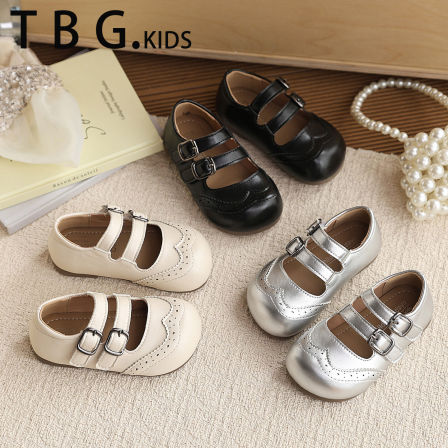 女童洋气小皮鞋2026新款春秋儿童鞋子软底女孩布洛克银色宝宝单鞋