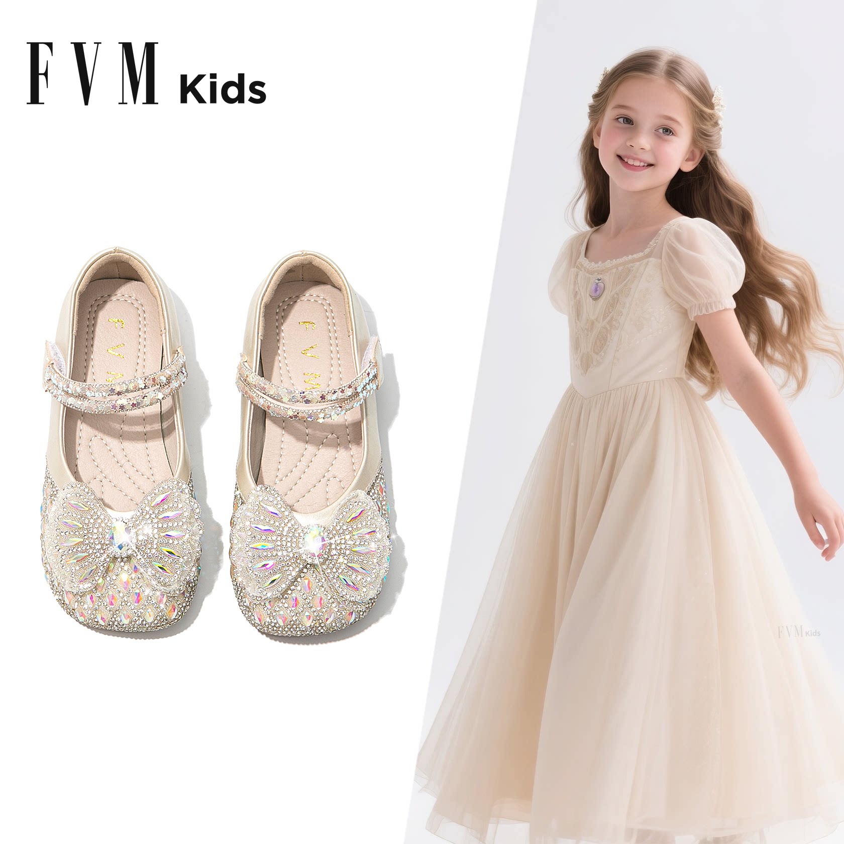 FVM女童鞋子儿童软底公主水晶小皮鞋2026新款春季女宝宝洋气单鞋主图