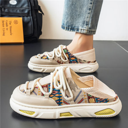 帆布鞋男夏季透气薄款潮流百搭休闲板鞋懒人一脚蹬运动无后跟半拖