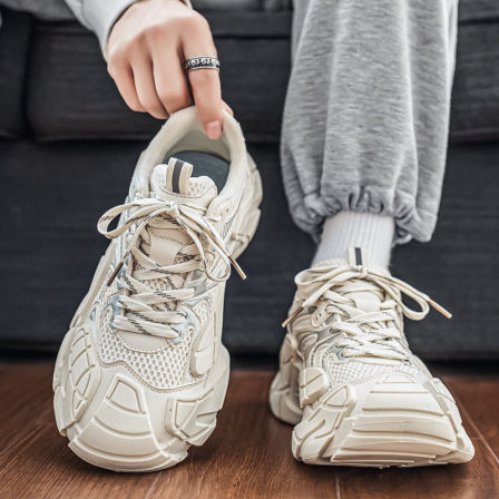 男鞋夏季网面透气潮牌高级感青少年运动休闲小白厚底内增高老爹鞋