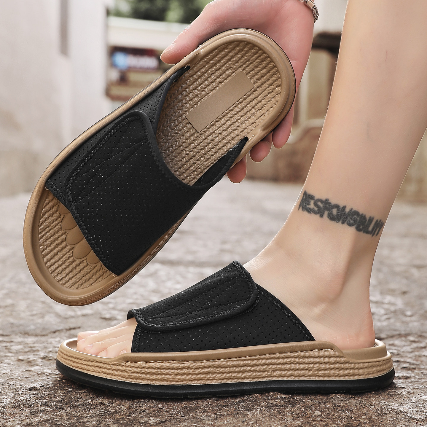 凉鞋男款夏季外穿防滑亚麻草编凉拖男士开车两用运动休闲沙滩拖鞋主图