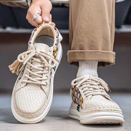 帆布男鞋2026新款夏季透气亚麻草编休闲渔夫鞋一脚蹬运动软底布鞋