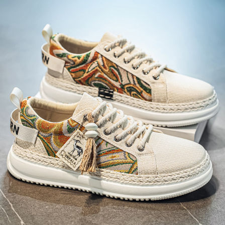 帆布鞋男款夏季刺绣印花休闲板鞋男士百搭软底防滑透气千层底布鞋
