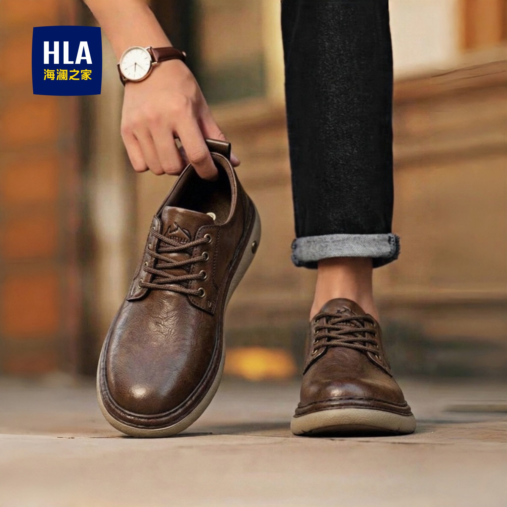 海澜之家男鞋真皮爸爸商务正装休闲棕色皮鞋英伦风低帮工装马丁靴主图
