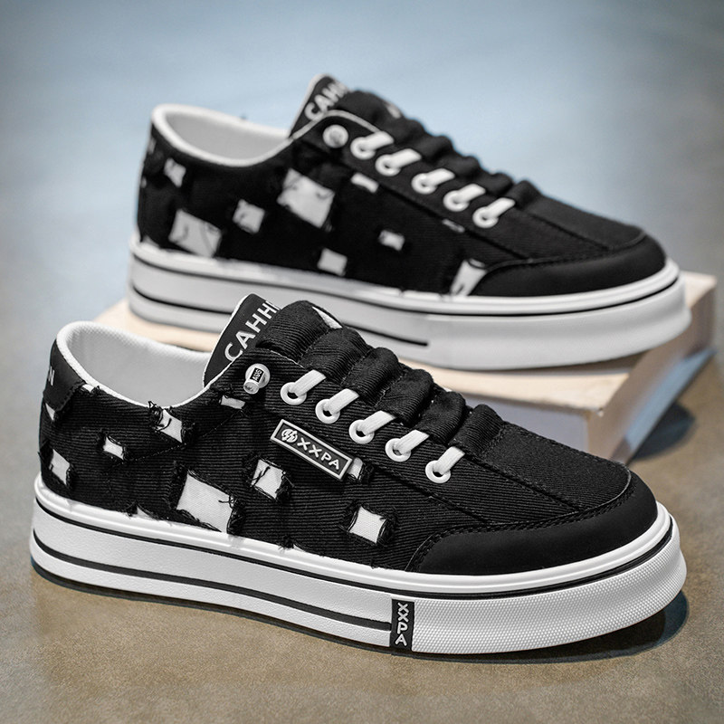 一脚蹬男鞋春季厚底防滑低帮运动板鞋男士黑色韩版百搭休闲帆布鞋主图