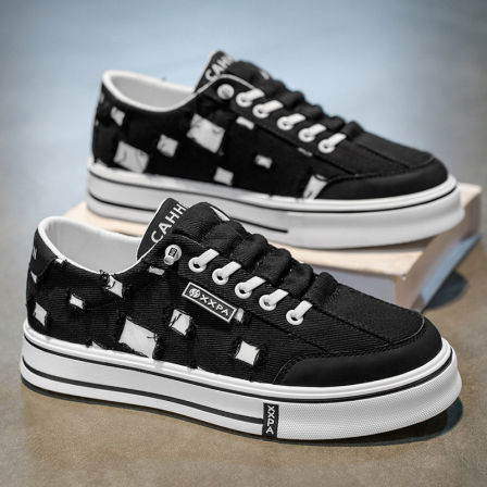 一脚蹬男鞋春季厚底防滑低帮运动板鞋男士黑色韩版百搭休闲帆布鞋