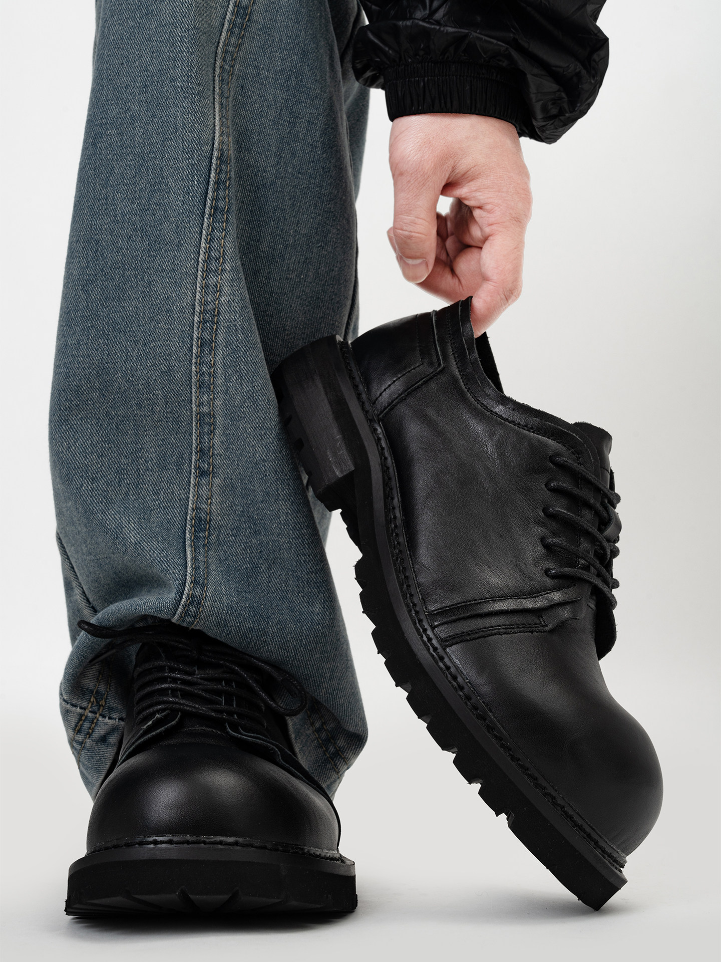 厚底翘头德比鞋男潮头层牛皮褶皱通勤休闲皮鞋cleanfit增高大头鞋主图