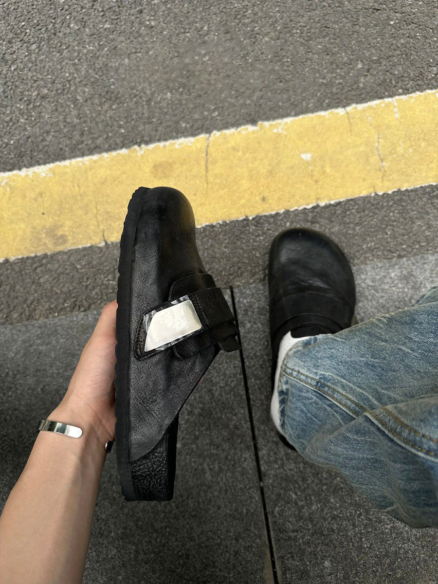 老钱风极简黑色勃肯鞋男厚底增高穆勒鞋通勤百搭包头外穿半拖皮鞋主图