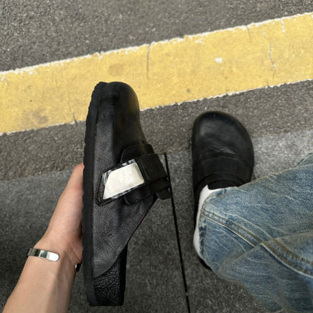 老钱风极简黑色勃肯鞋男厚底增高穆勒鞋通勤百搭包头外穿半拖皮鞋