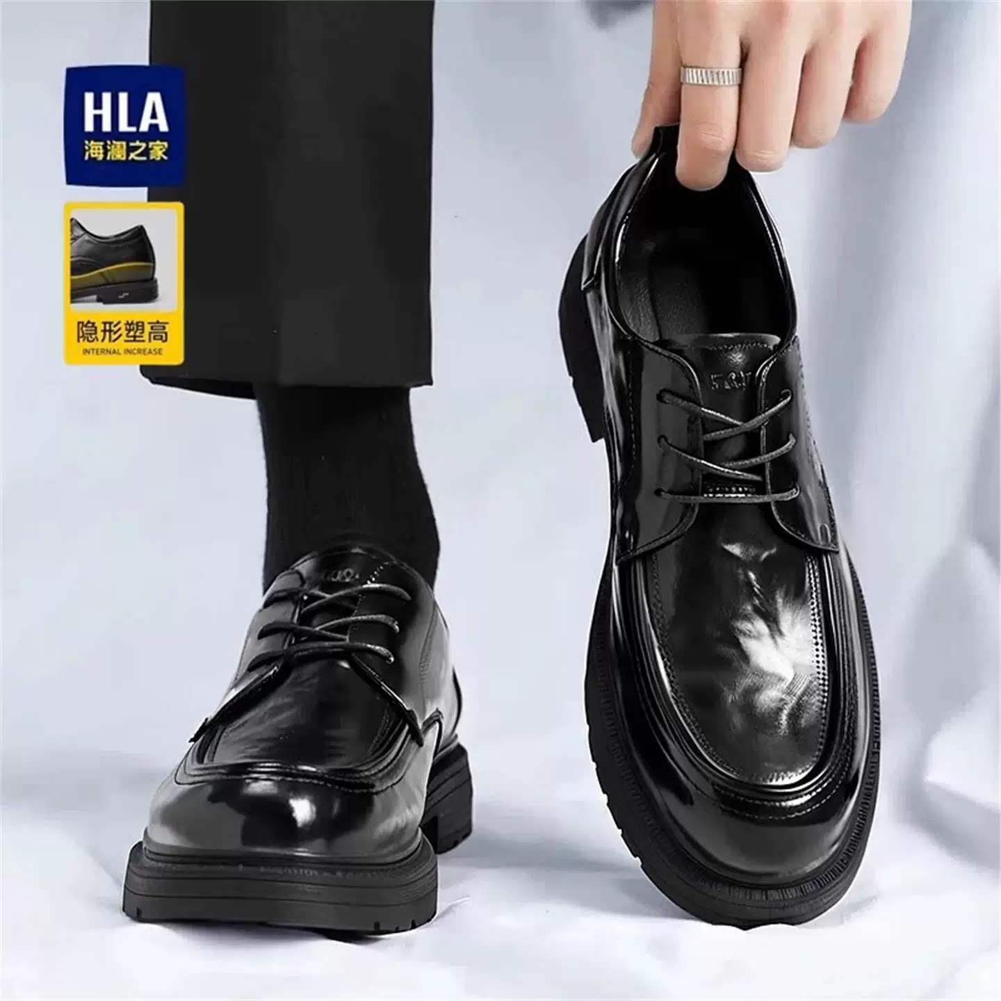 海澜之家皮鞋男内增高8cm6商务正装德比鞋全黑公务通勤新郎结婚鞋主图