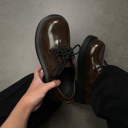 潮牌厚底增高棕色德比鞋男翘头百搭米奇大头鞋英伦商务通勤皮鞋潮