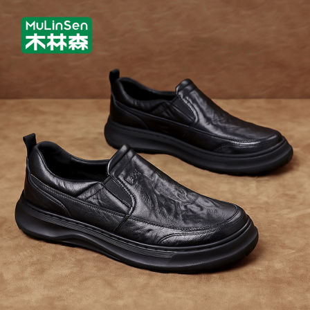 木林森休闲皮鞋男款2026新款春夏头层牛皮套脚乐福鞋真皮商务男鞋