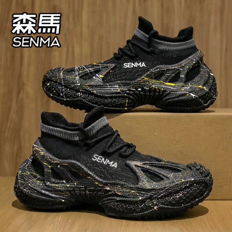 森马男鞋夏季透气网面飞织袜子网鞋青少年运动休闲厚底黑色老爹鞋主图