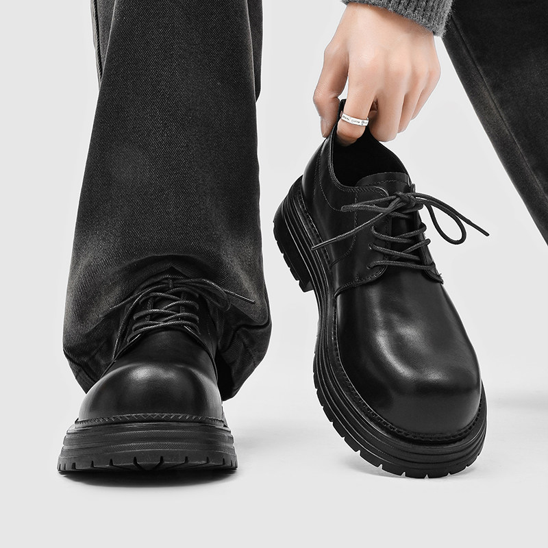 潮牌新款德比鞋男大头工装鞋休闲皮鞋低帮黑色厚底增高商务通勤鞋主图