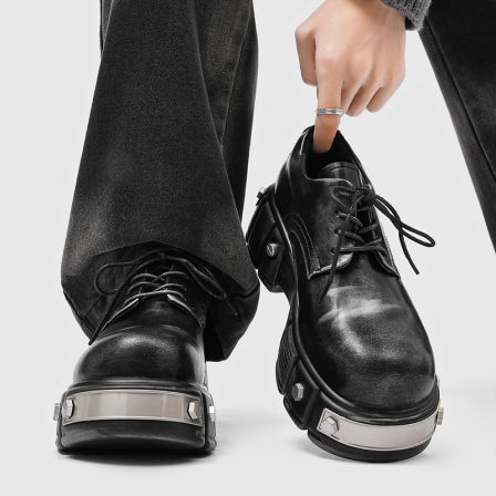 巴黎铁头德比鞋男高级做旧厚底增高7CM朋克风机能老爹鞋大头皮鞋