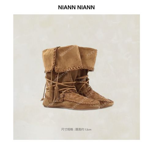  NiannNiann 26新品复古高丝光牛反绒内羊皮系带流苏堆堆靴16791主图