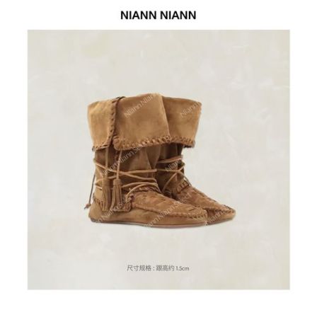  NiannNiann 26新品复古高丝光牛反绒内羊皮系带流苏堆堆靴16791