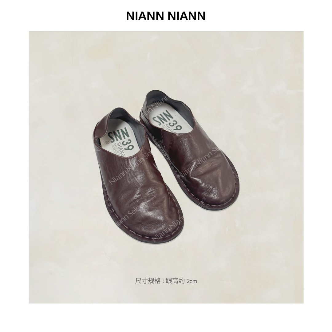 NiannNiann26新款复古舒适可踩脚双色油蜡皮手工步履鞋16815主图