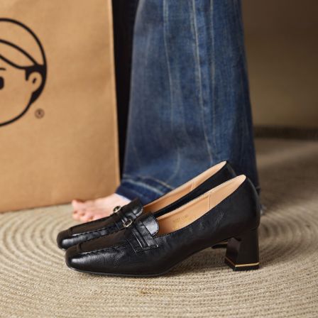 FOXER时尚百搭单鞋透气5.2cm方头显高显瘦乐福鞋复古粗跟女鞋气质