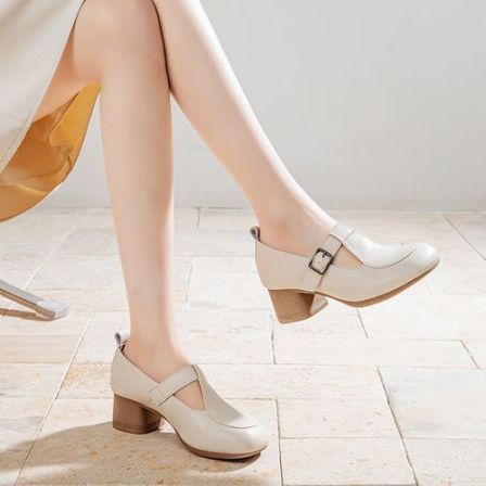 爆款玛丽珍单鞋春夏百搭时尚复古风高跟鞋软底粗跟真皮女鞋25208
