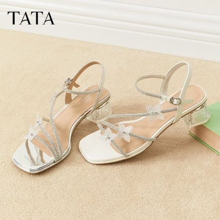 TATA他她女款夏季爆款百搭时尚清冷风法式粗跟气质凉鞋XQC01BL5