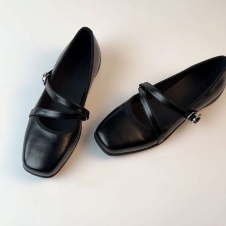 羊皮版~复古玛丽珍浅口单鞋女方头交叉带通勤软底一脚蹬银色单鞋