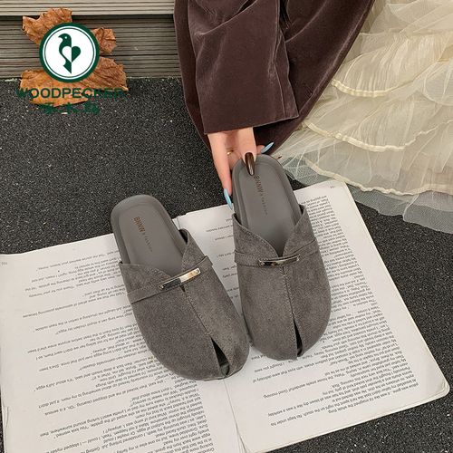 啄木鸟平底包头半拖鞋女款2026春夏新款一脚蹬百搭复古勃肯凉拖鞋主图