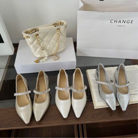 2026春夏新款粗跟单鞋浅口百搭一字带仙女风气质显瘦尖头玛丽珍鞋