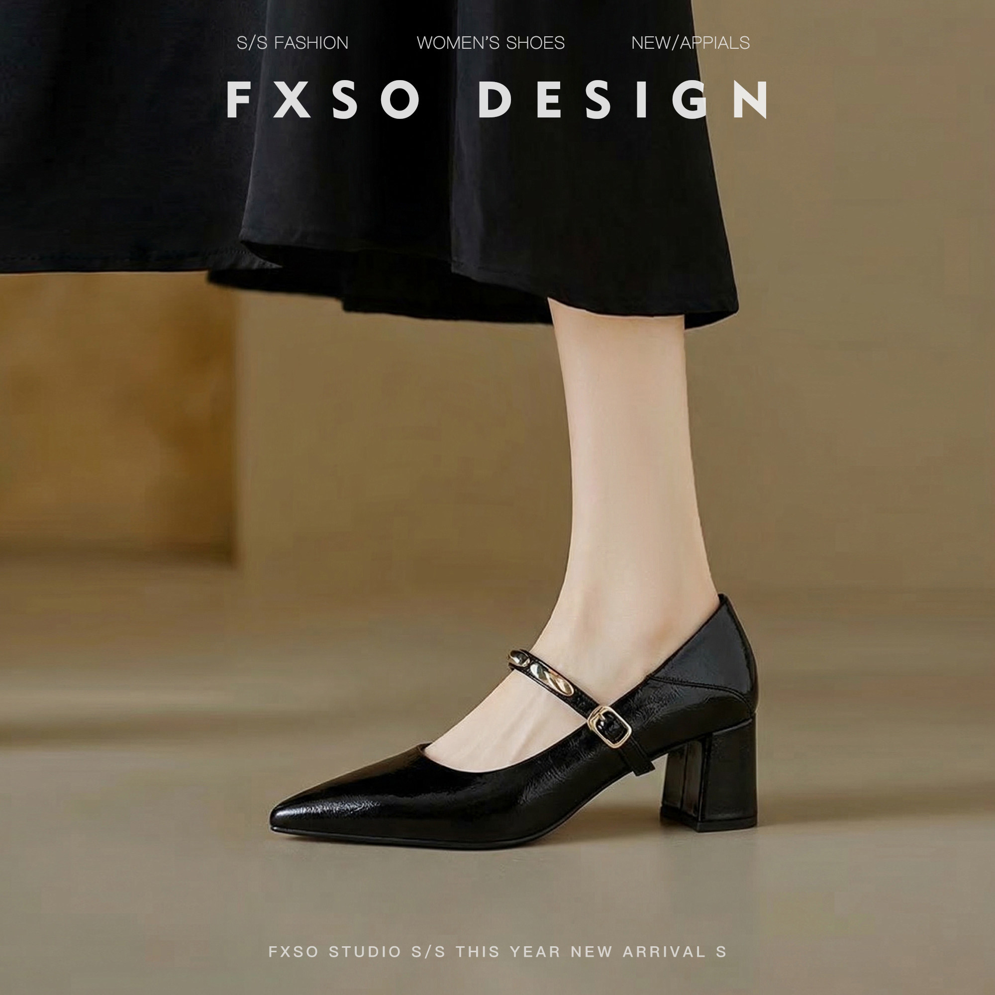 羊皮【方巷大叔】2026春季新款玛丽珍鞋尖头粗跟一字扣浅口单鞋女主图