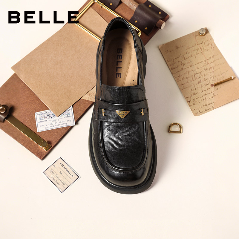 【胡可推荐】百丽元宝乐福鞋女新款厚底增高时尚复古英伦风小皮鞋主图