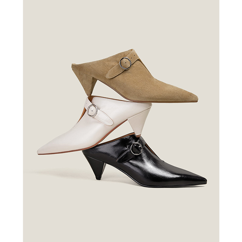 【鞋匠女王x原创设计】简约复古包头拖真皮粗跟高跟尖头拖穆勒鞋主图