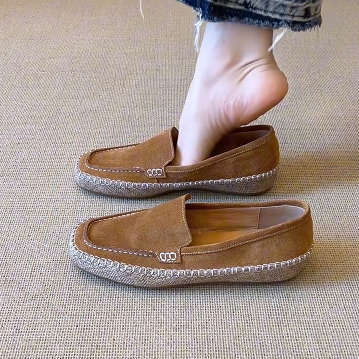 羊皮版~时尚小众草编厚底渔夫鞋女一脚蹬软底休闲松弛感乐福鞋潮主图