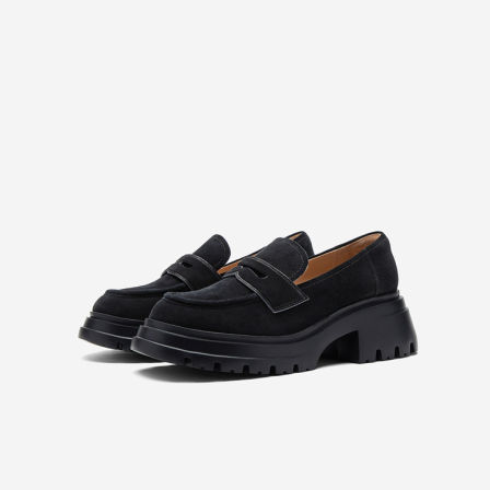 Nine West/玖熙英伦风反绒皮乐福鞋女黑色厚底增高休闲一脚蹬单鞋