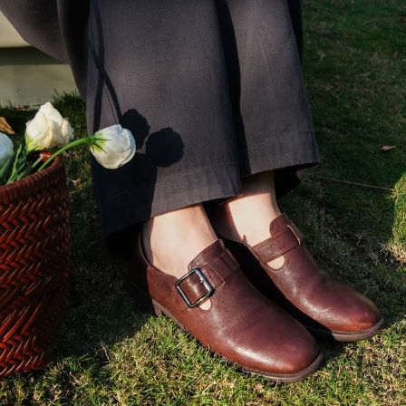 远家植鞣羊皮中跟小皮鞋乐福鞋搭扣通勤简约增高鞋子春新W-945