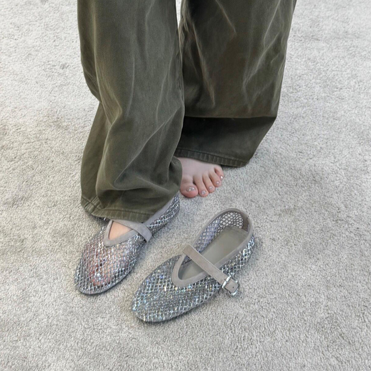 羊皮版~水钻渔网镂空透气一字带玛丽珍鞋女绝美时尚外穿芭蕾舞鞋主图