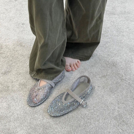 羊皮版~水钻渔网镂空透气一字带玛丽珍鞋女绝美时尚外穿芭蕾舞鞋