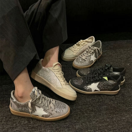 羊皮版~复古拼接亮片板鞋星星鞋厚底休闲鞋女轻便百搭系带德训鞋