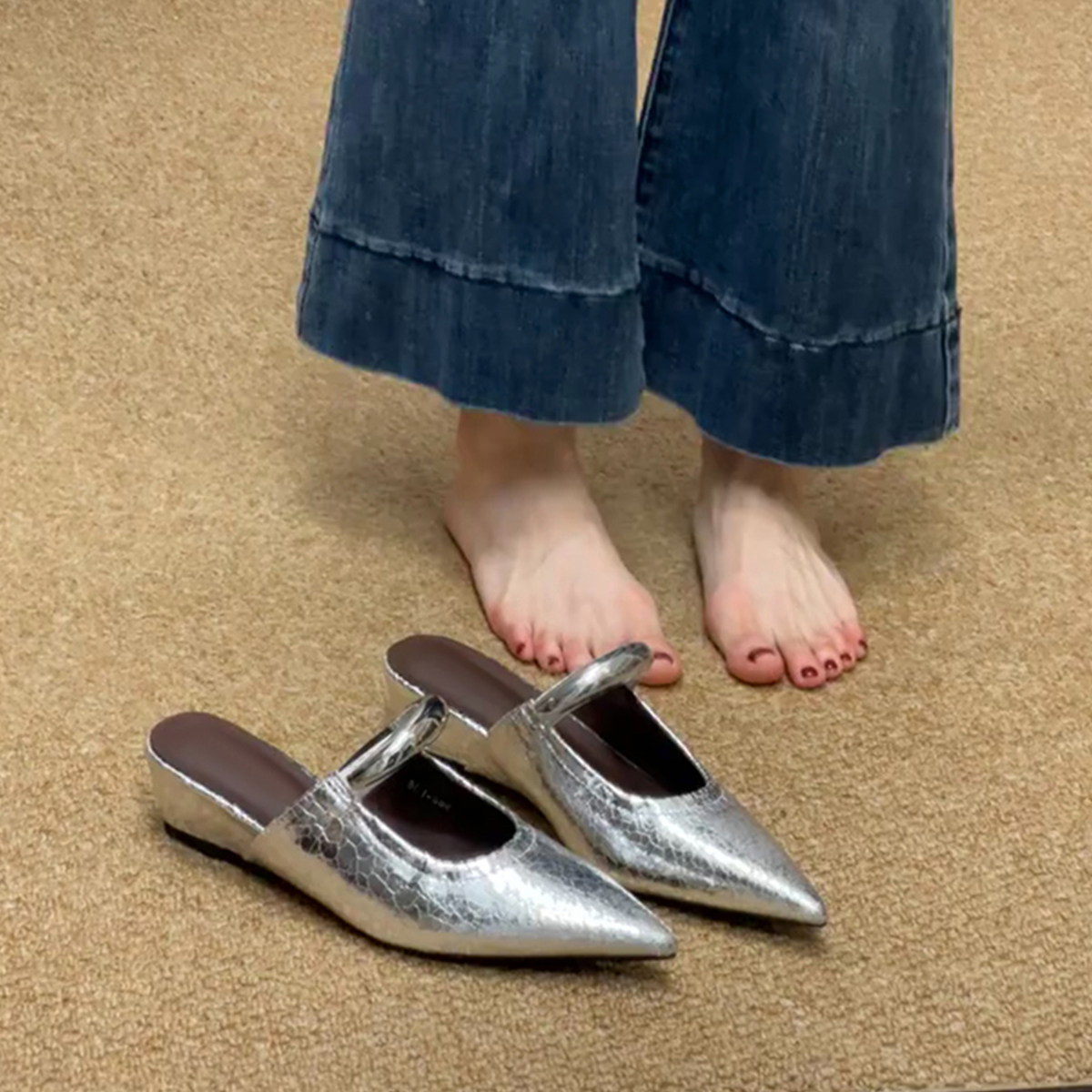 羊皮版~休闲简约时尚百搭不累脚坡跟凉拖鞋女法式复古包头半拖鞋主图