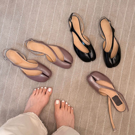 羊皮版~法式分趾包头凉鞋女后空一字扣简约平底玛丽珍单鞋猪蹄鞋