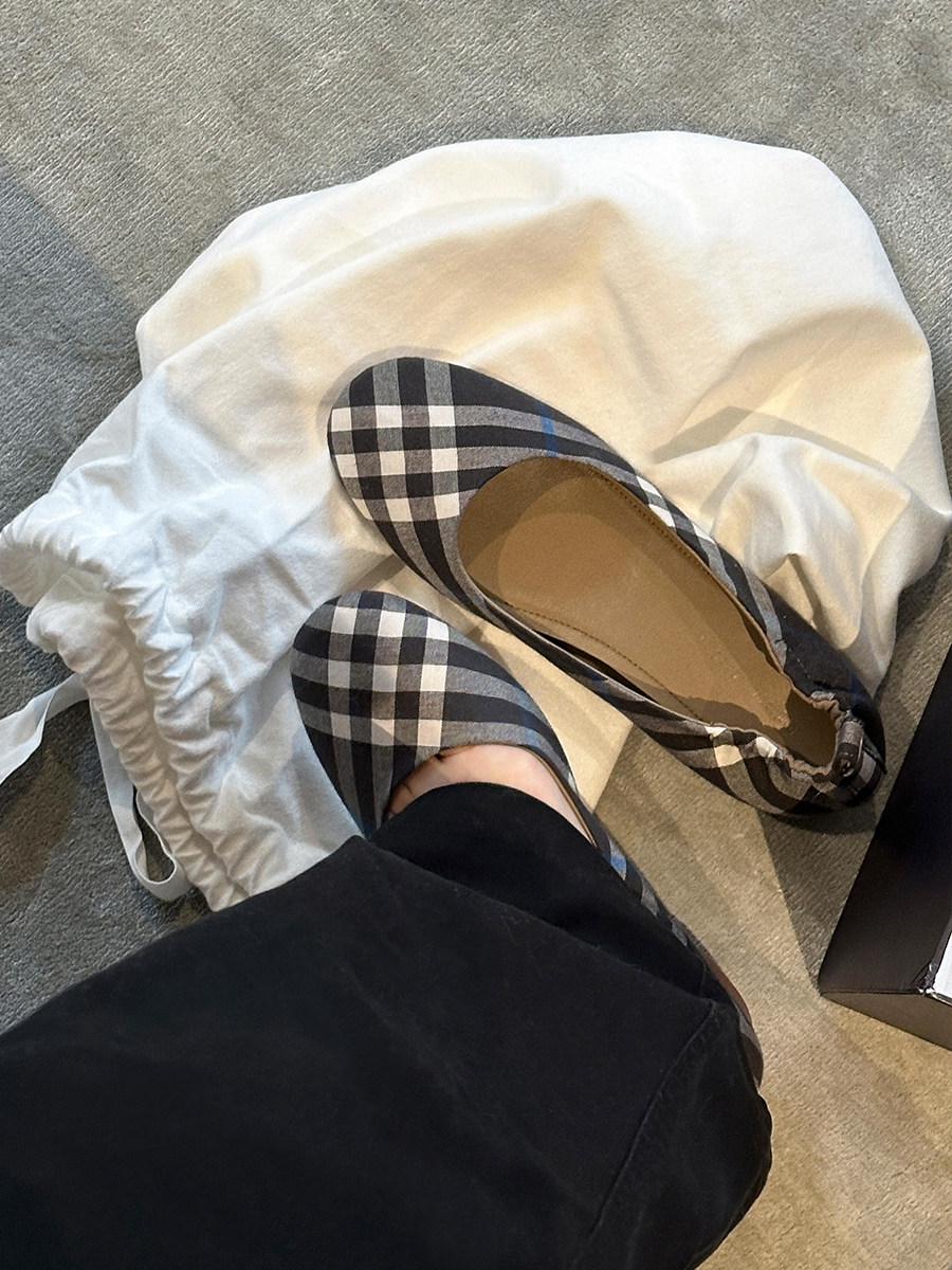 羊皮版~法式复古格纹平底单鞋一脚蹬气质圆头芭蕾舞鞋浅口奶奶鞋主图