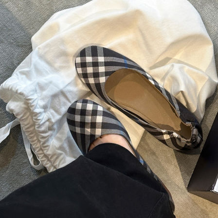 羊皮版~法式复古格纹平底单鞋一脚蹬气质圆头芭蕾舞鞋浅口奶奶鞋